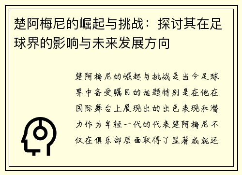 楚阿梅尼的崛起与挑战：探讨其在足球界的影响与未来发展方向
